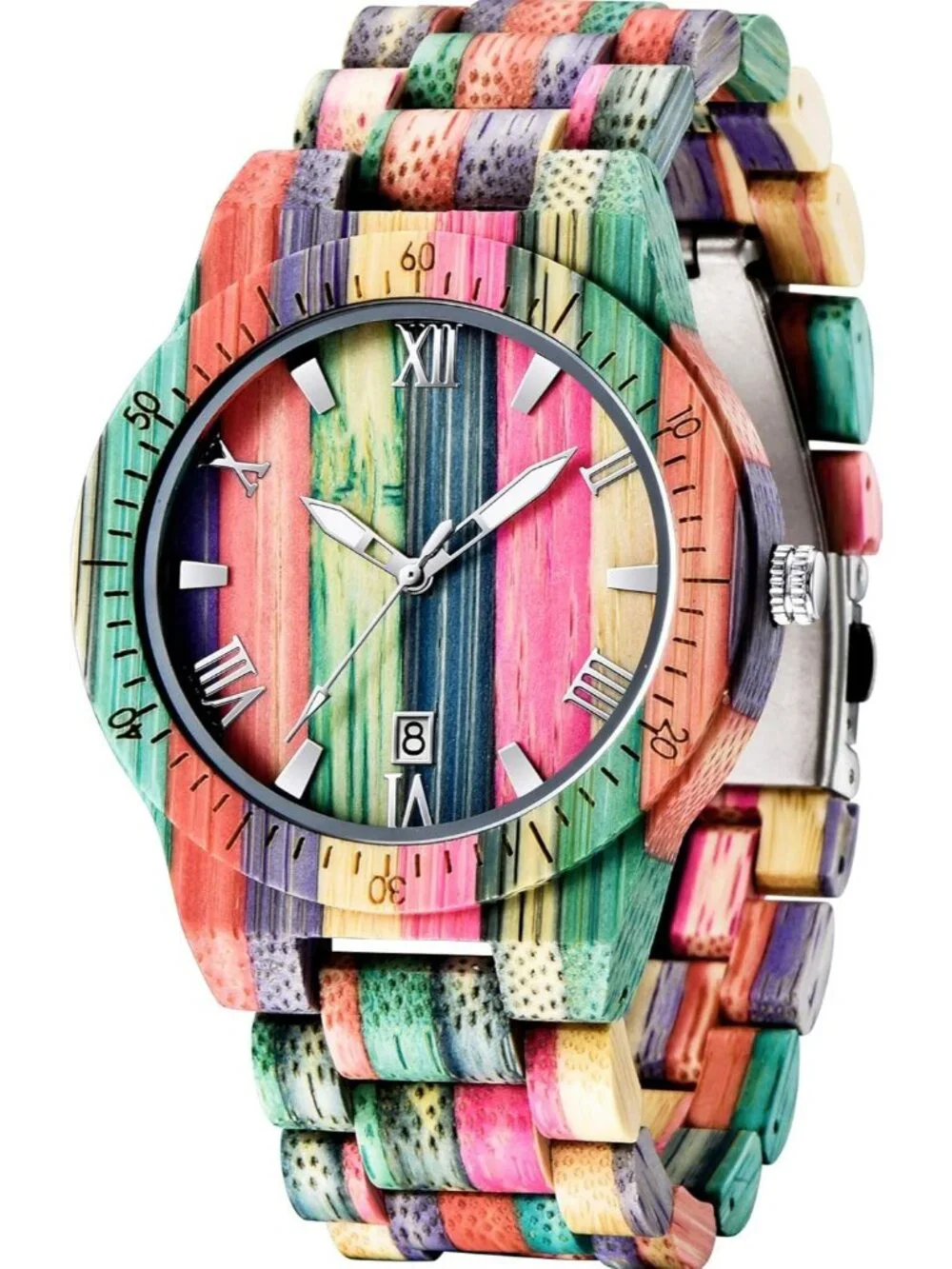 Men's Multi Color Analog Quartz Handmade Colorful Bamboo Engraved Wooden Watch